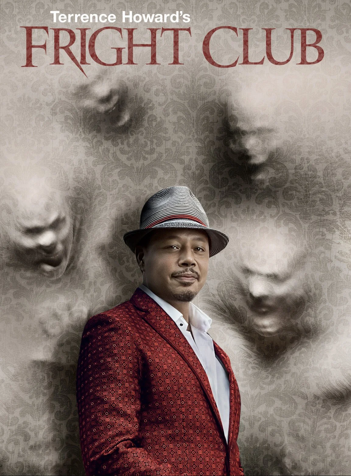Book cover for Terrence Howard's 'Fright Club' featuring a man in a red patterned blazer and a fedora, with ghostly faces of children in the background.