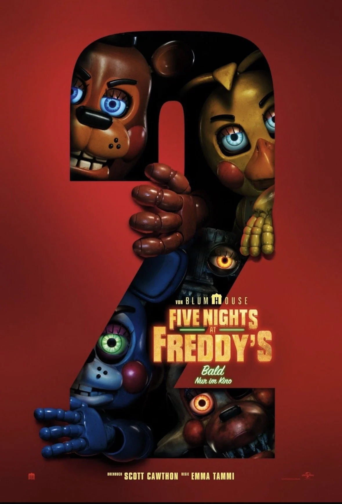 A poster for the movie "Five Nights at Freddy's" showing animated characters with vibrant colors and glowing eyes inside a large red number 2.