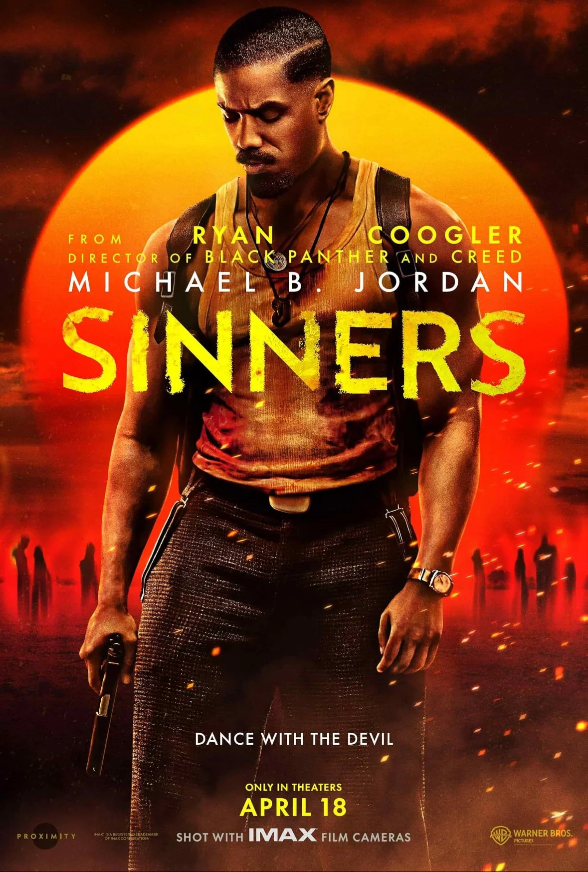 Movie poster for 'Sinners'. Features Michael B. Jordan with a serious expression, holding a gun in his right hand, wearing a tank top, backpack, and a watch, set against a fiery sunset background with silhouettes of people in the distance.