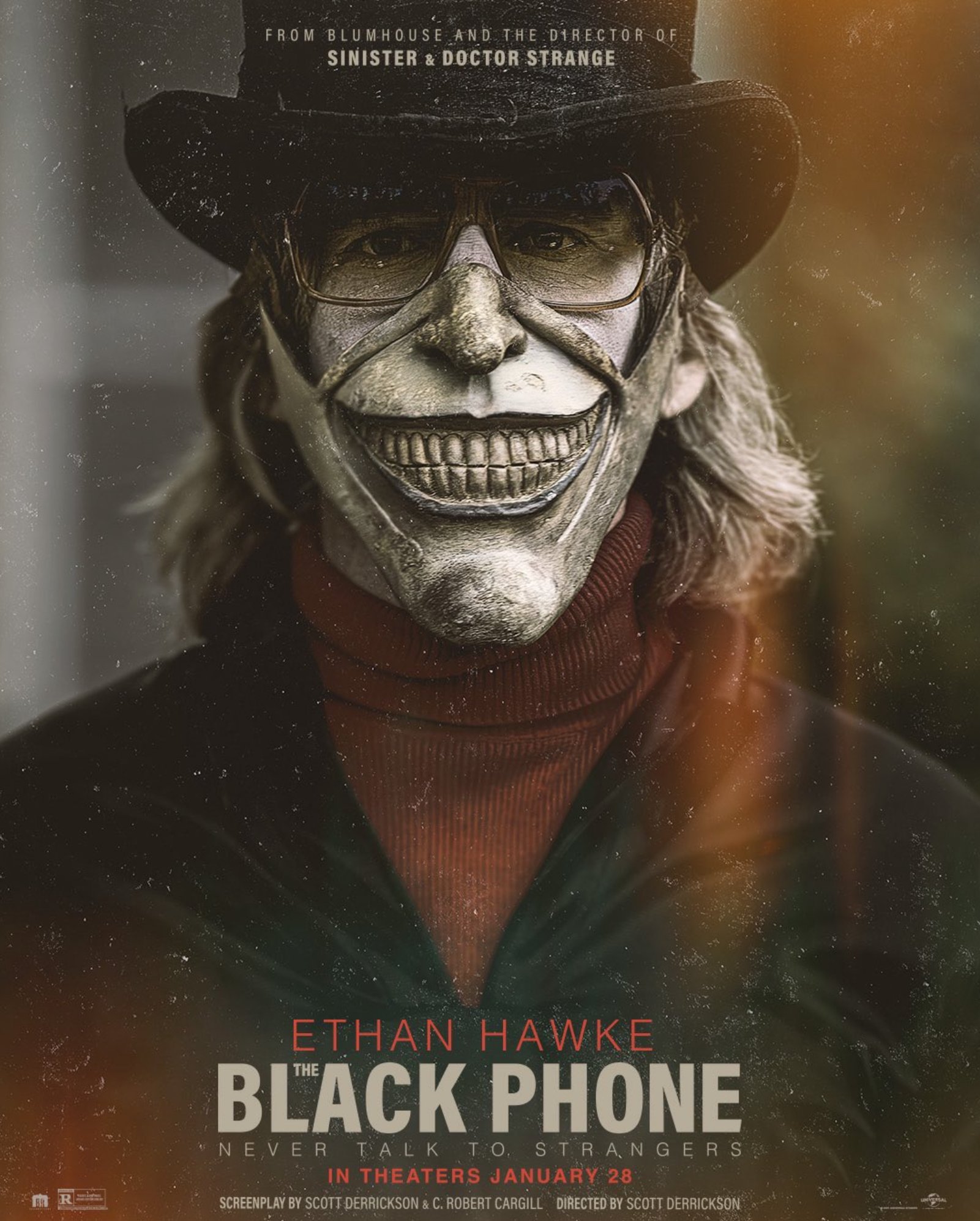 Movie poster for 'The Black Phone' featuring Ethan Hawke with ghostly face paint, wearing sunglasses and a hat, smiling. Text includes "From Blumhouse and the director of Sinister & Doctor Strange," "Never talk to strangers," and release date January