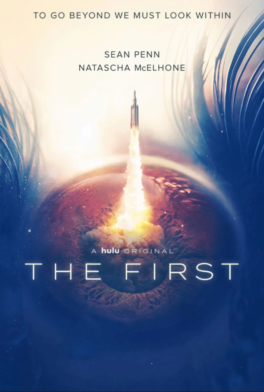 Book cover for 'The First,' a Hulu original series, featuring a rocket launching from a planetary surface with swirling nebulae or cosmic clouds in the background.