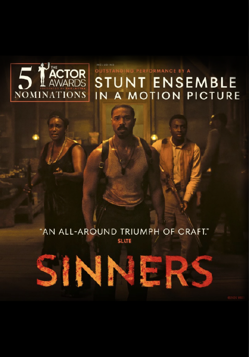 Poster for the film 'Sinners' featuring three actors in a dimly lit bar setting, with text highlighting awards and praise, including nominations for the 5th Actor Awards.