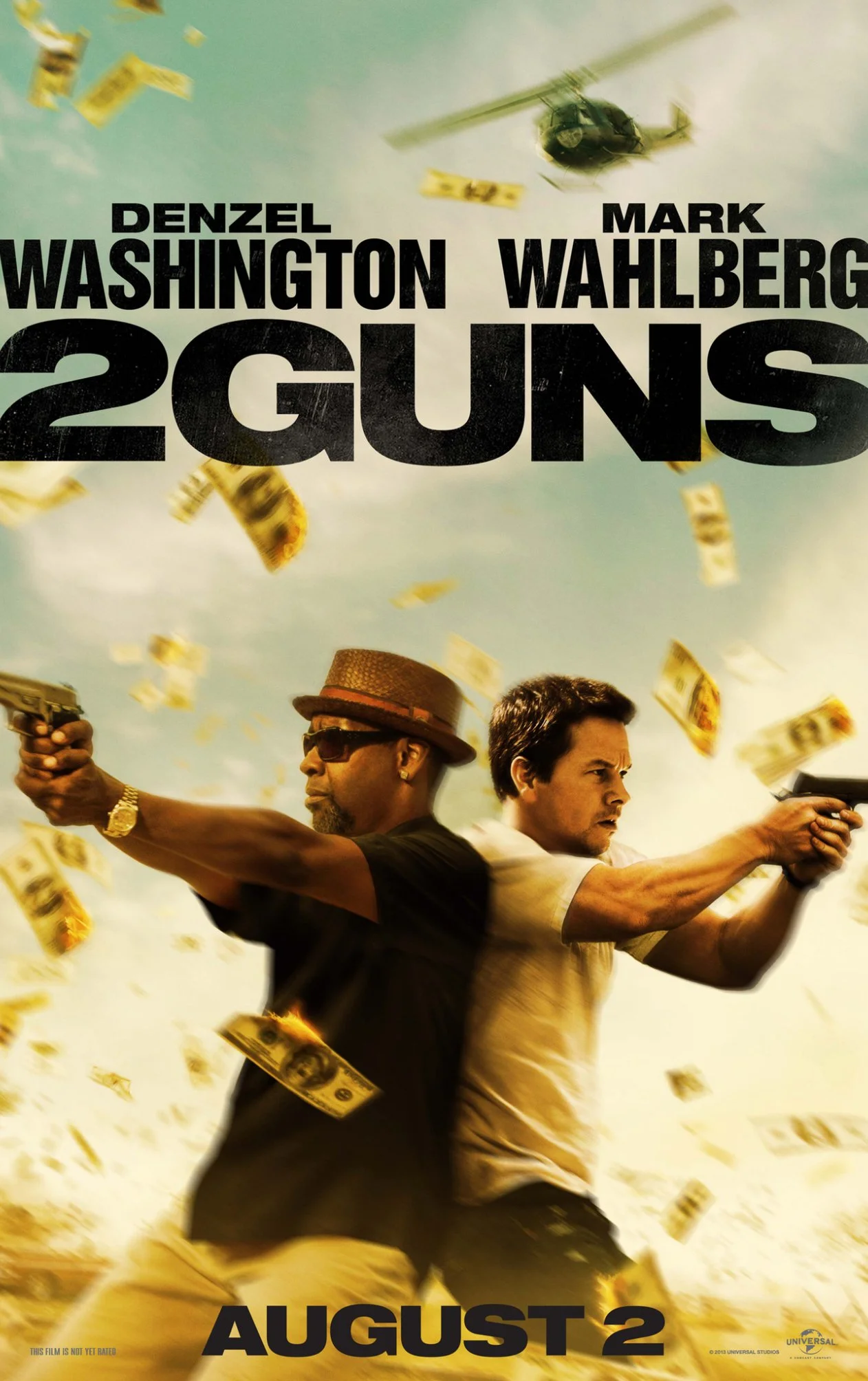 Movie poster for '2 Guns' featuring Denzel Washington and Mark Wahlberg back to back, holding guns with money flying in the air and a helicopter in the sky.
