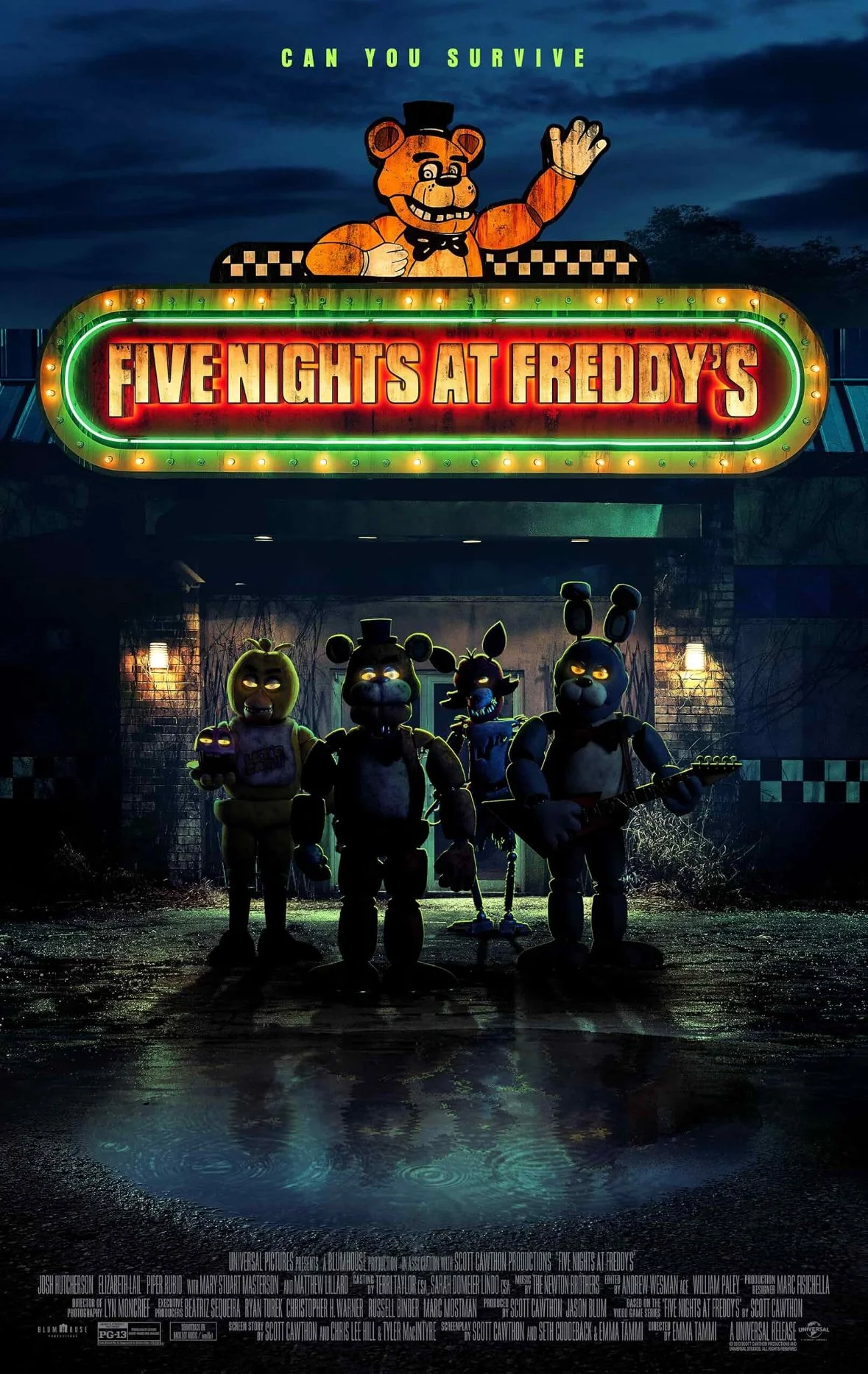 Five animatronic characters from Five Nights at Freddy's standing in front of a building with a neon sign and a large bear mascot above it, set during night time.