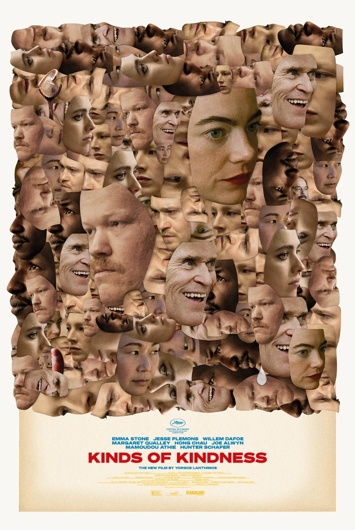Collage of various close-up faces of people with different expressions, forming a poster for the film 'Kinds of Kindness'.