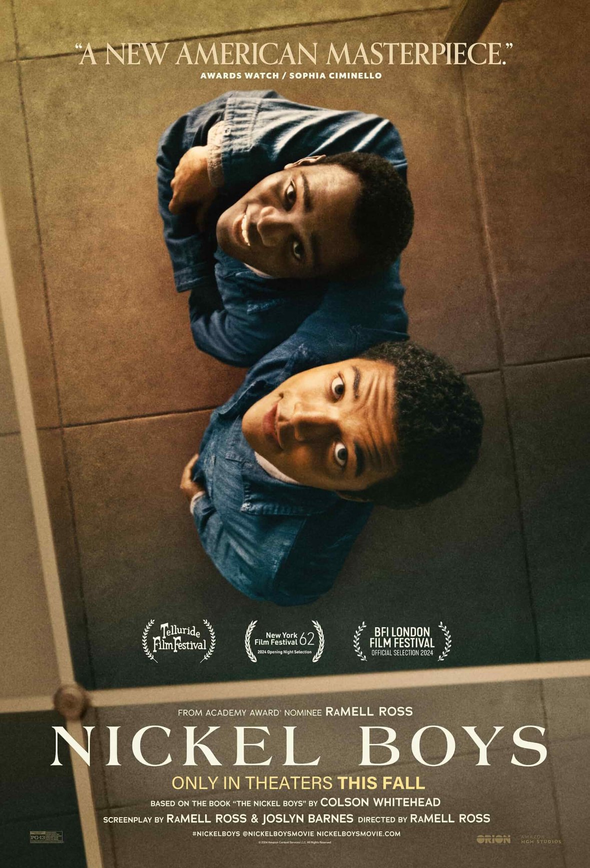 Movie poster for Nickel Boys showing two young men in denim jackets looking up. Text includes quote about a masterpiece, awards, festival selections, and release information.