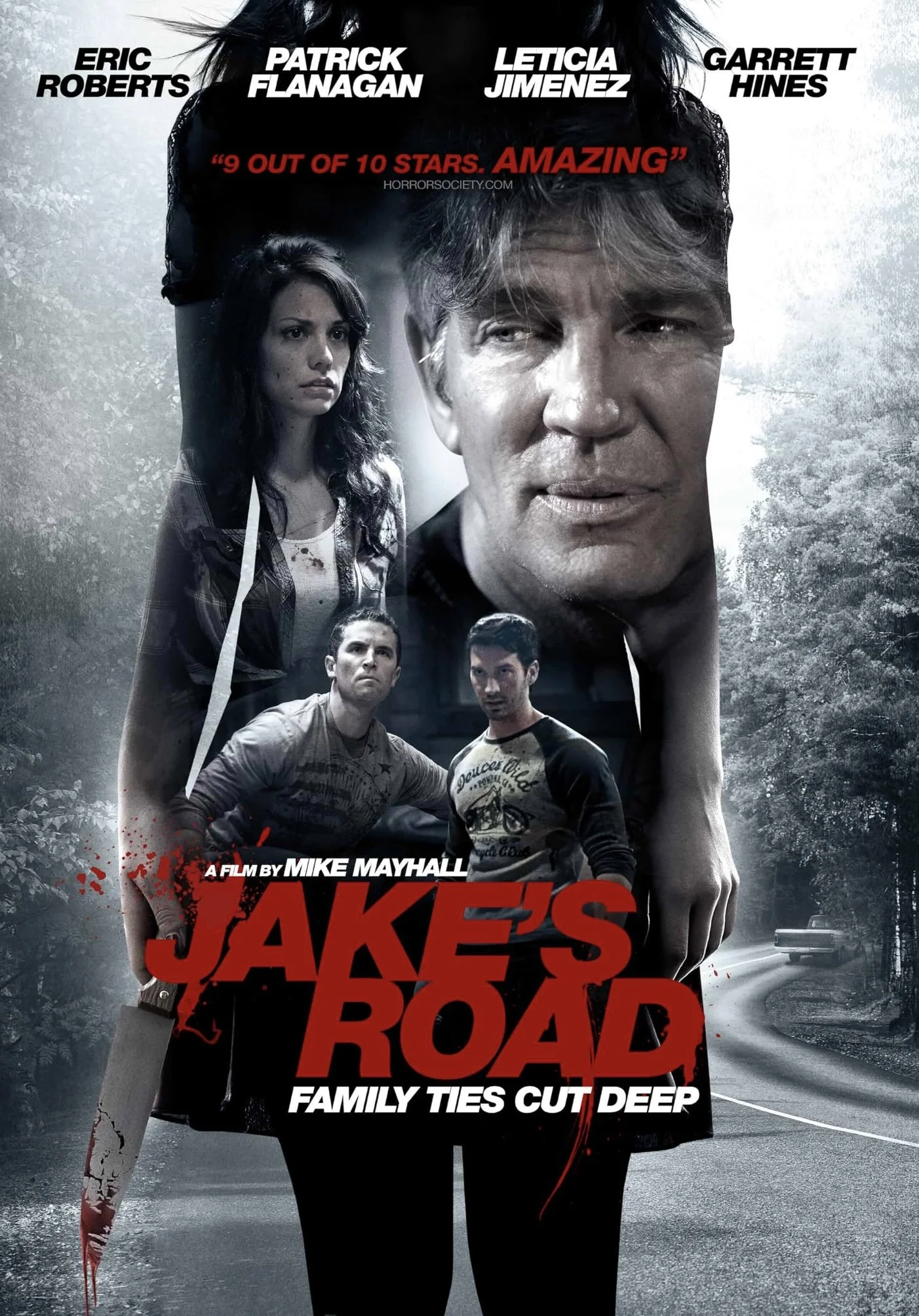 Poster for the movie 'Jake's Road' featuring images of a serious-looking man, a woman, and two younger men standing on a winding rural road, with trees and a car in the background.