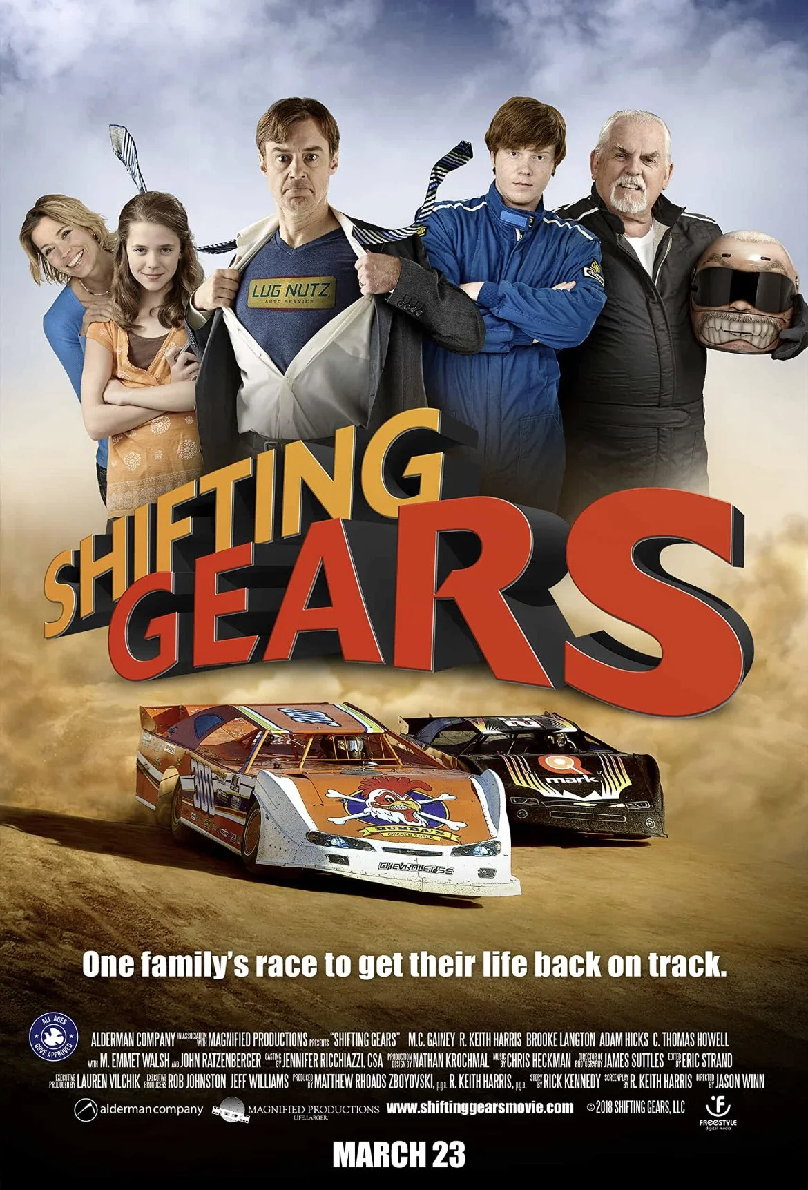 Poster for the movie 'Shifting Gears' showing a family of five with two racing cars at the bottom, and the tagline 'One family's race to get their life back on track.'