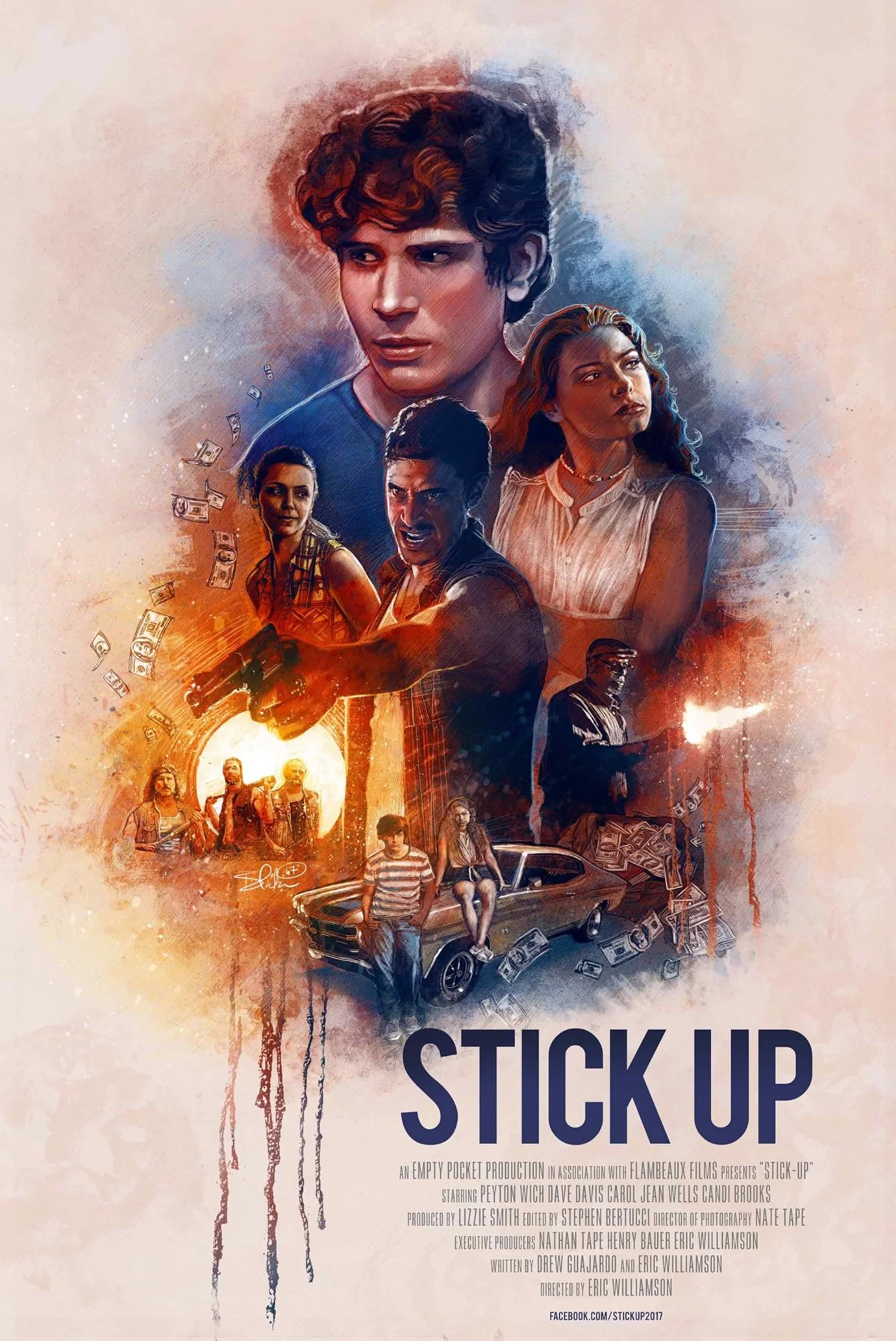 Movie poster for 'Stick Up' featuring characters holding guns, a car, and flying cash, with a collage of intense characters and action scenes.