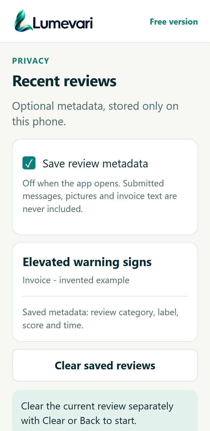 Optional metadata stays on this device. Proposed screen; invented example.