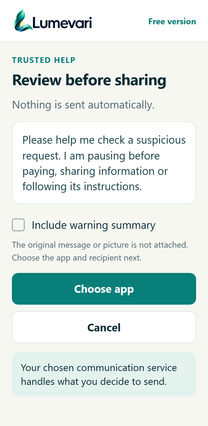 Review the message before sharing. Proposed screen; invented example.