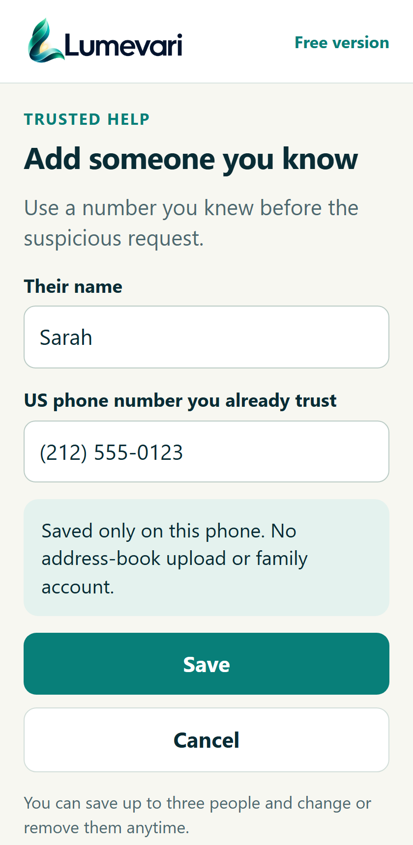 Save a person you already know. Proposed screen; invented example.