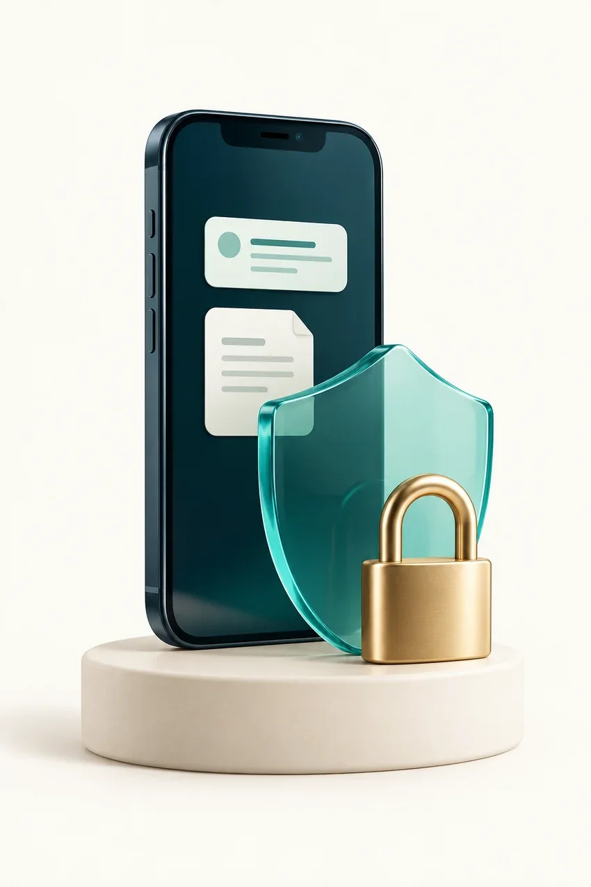 Conceptual illustration of a phone with a privacy shield and lock, representing local processing.