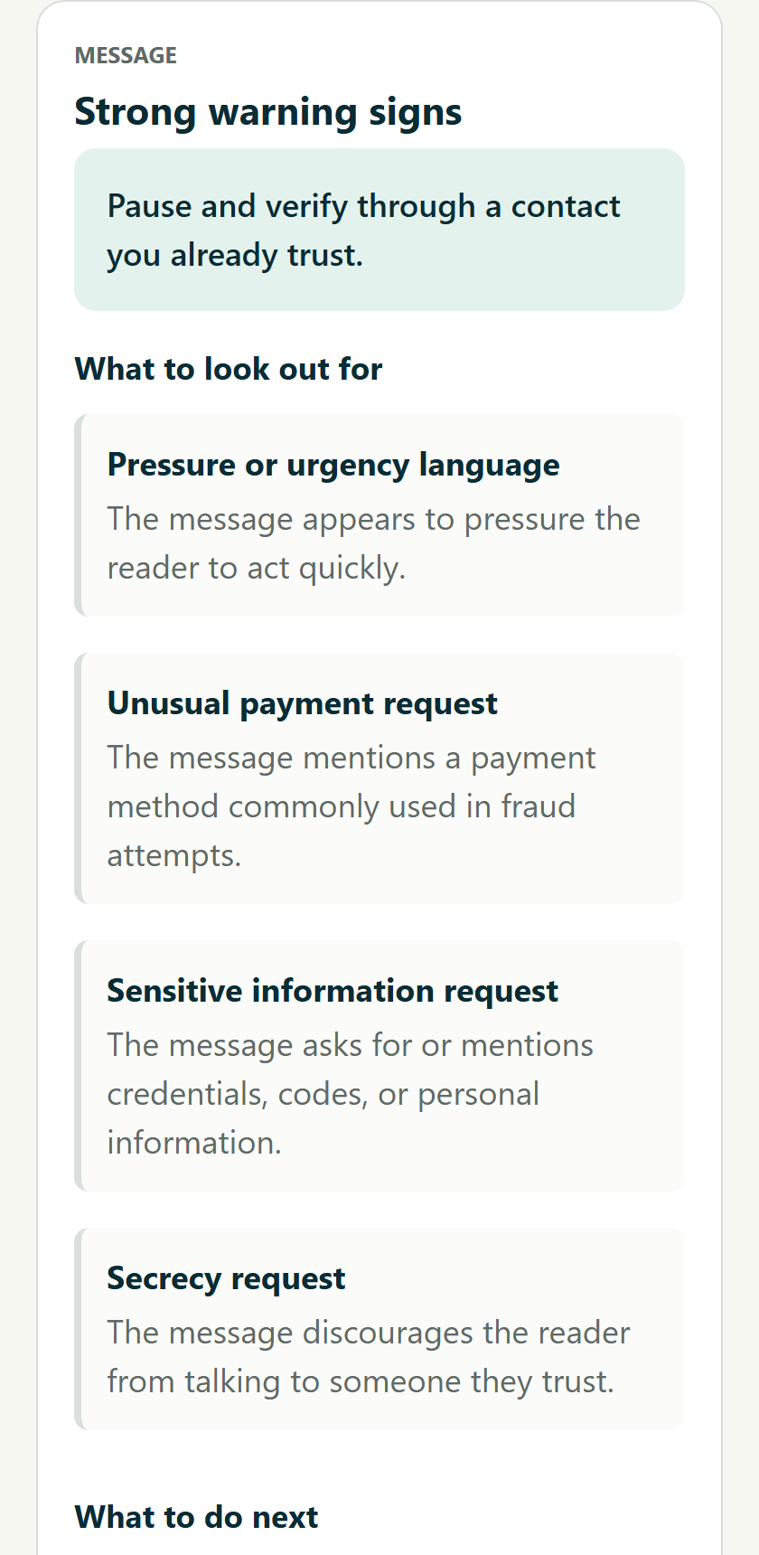 Rendered message review explaining urgency, unusual payment, secrecy and sensitive-information warning signs.