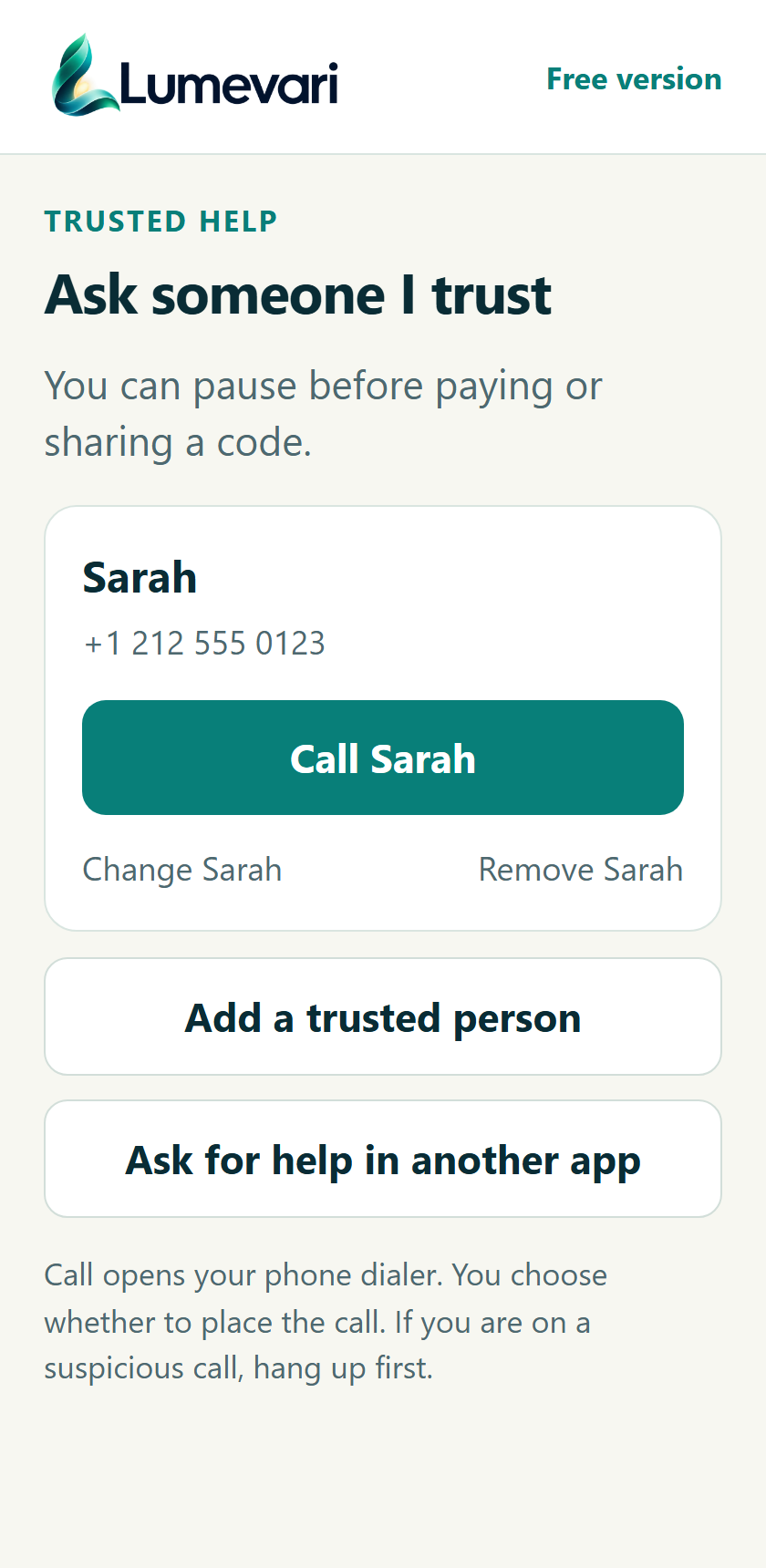 Proposed trusted-person screen with a saved contact, a call action and a choice to ask for help in another app.