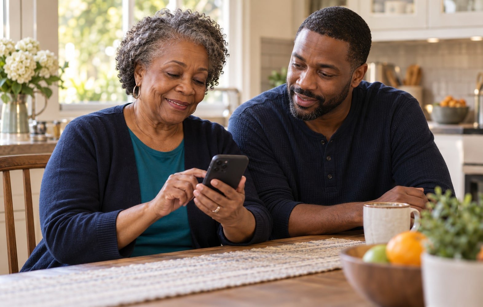 An older woman controls her own phone while an adult son offers support. Illustrative image.