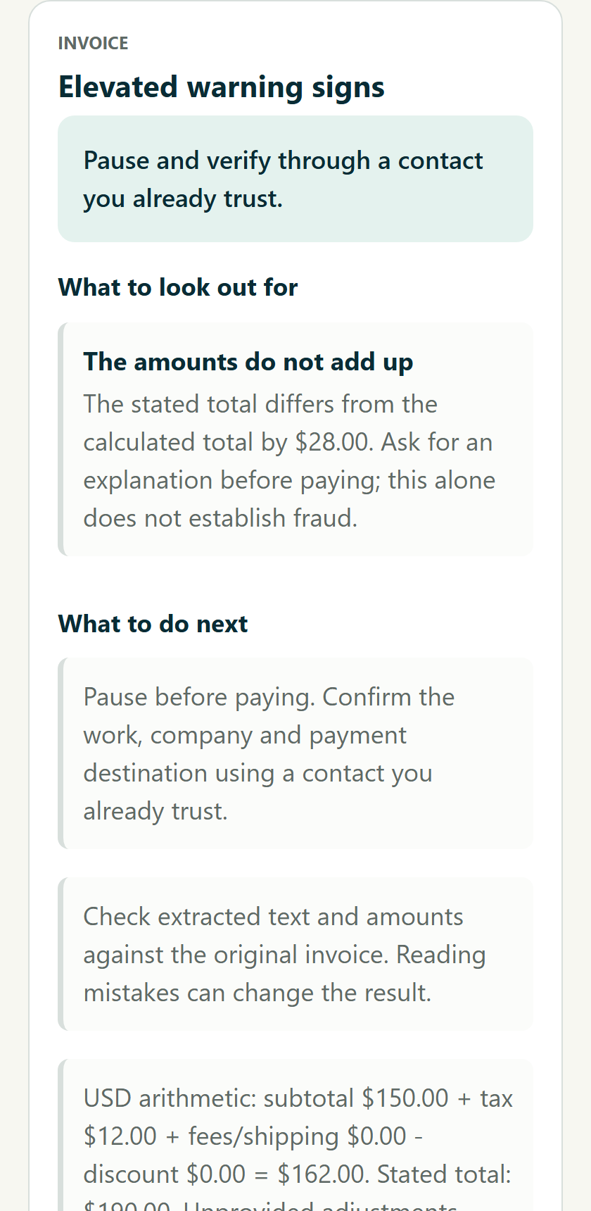 Ask about the $28.00 difference. Rendered review UI; invented example.