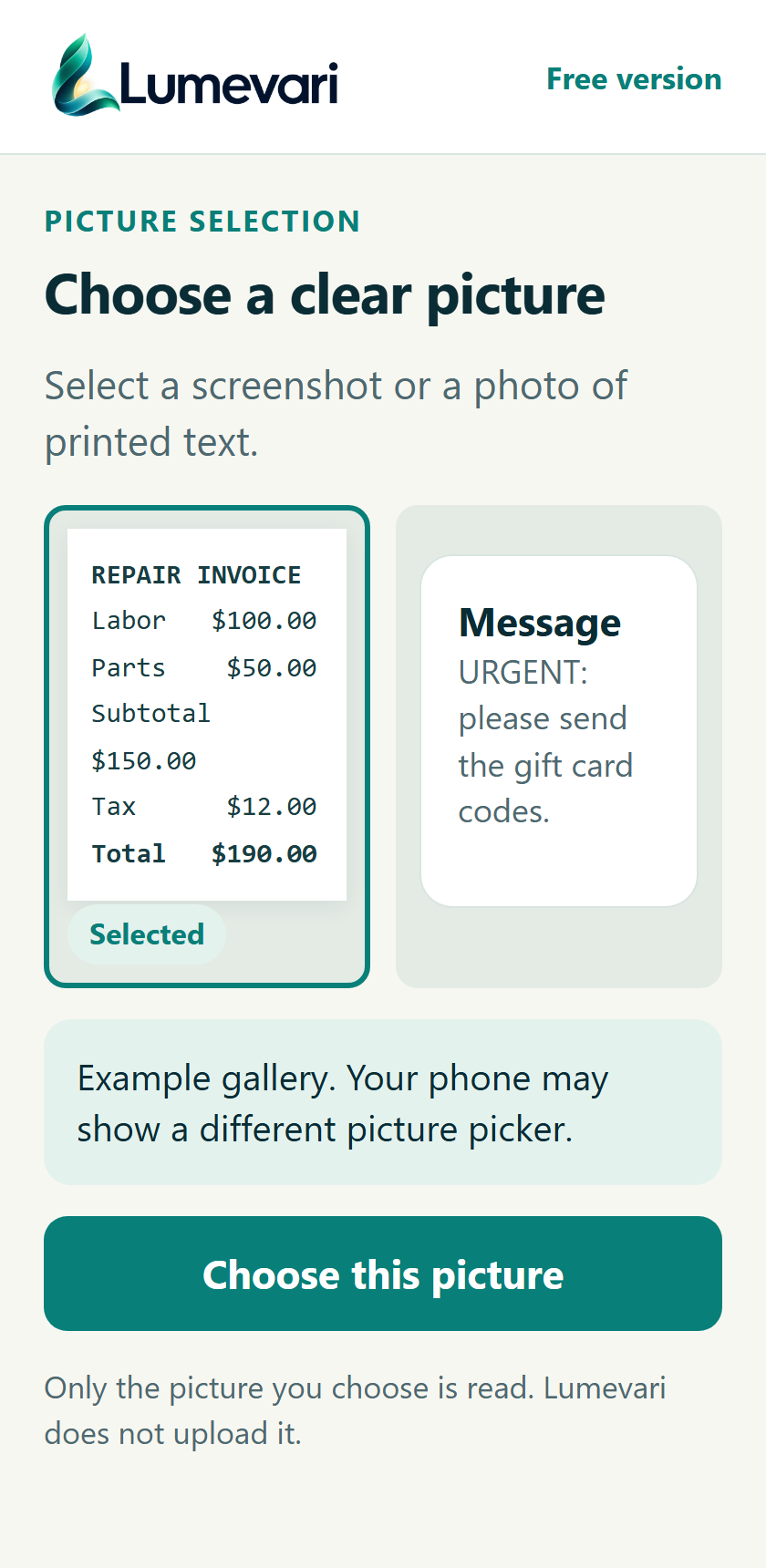 Select the picture you need. Proposed screen; invented example.