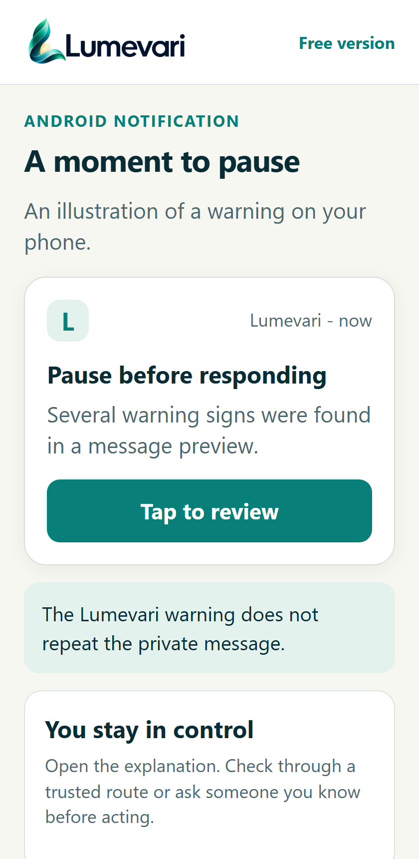 Tap a warning to understand it. Proposed screen; invented example.
