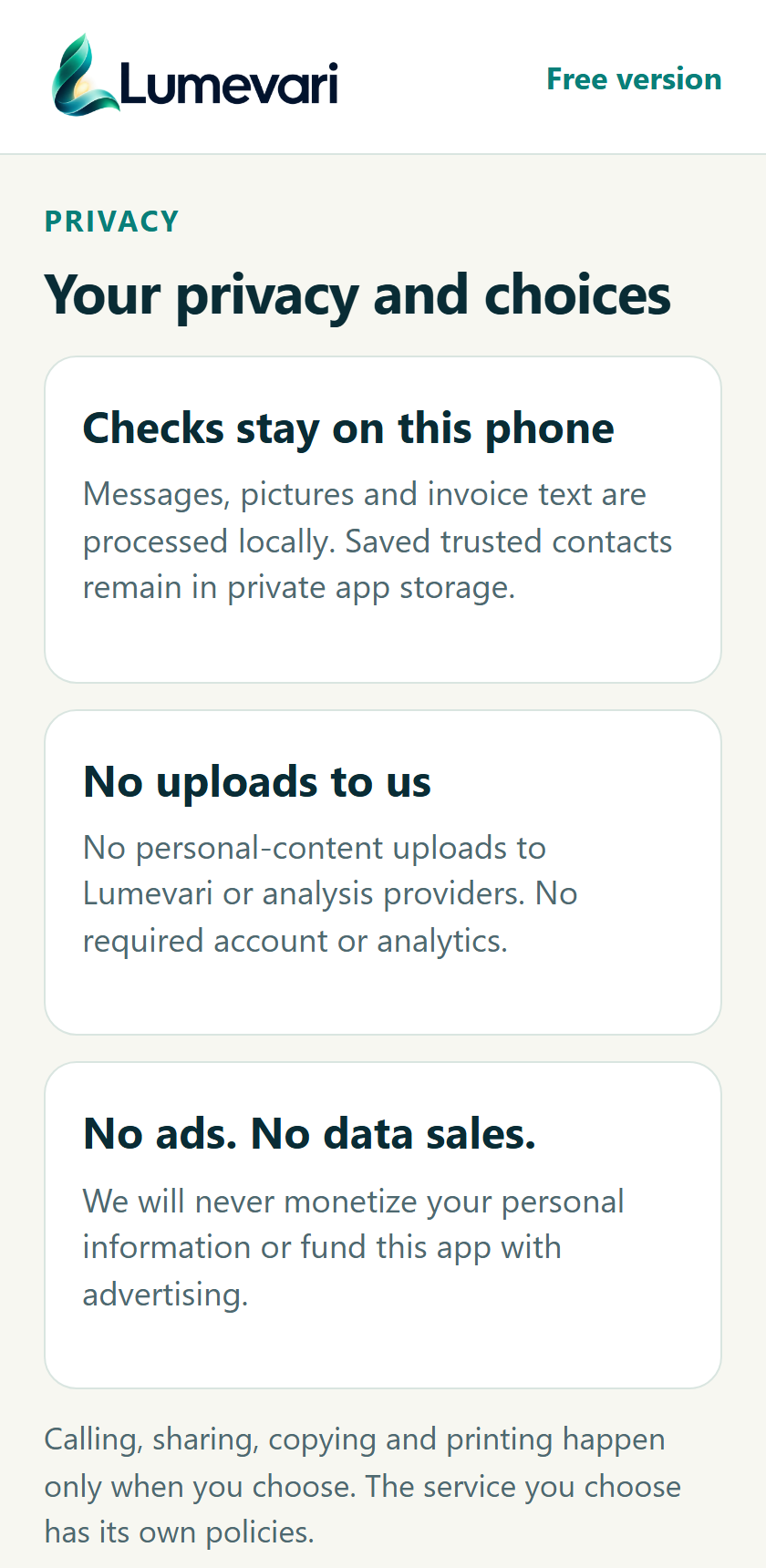 Read the privacy promise and exceptions. Proposed screen; invented example.