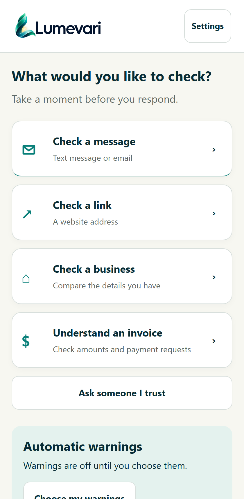 Rendered Lumevari home screen with actions to check a message, link, business or invoice.