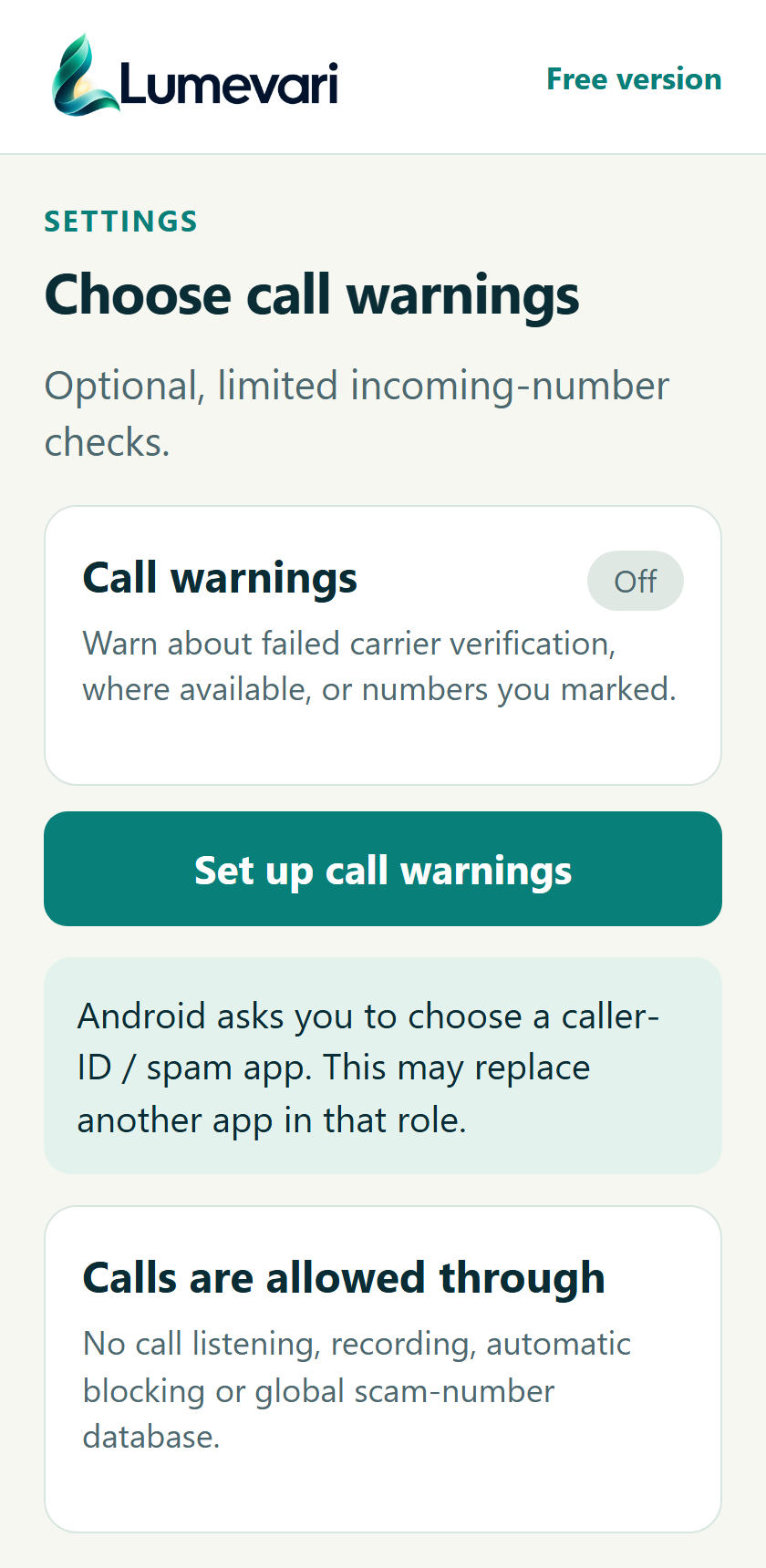 Choose the optional caller-screening role. Proposed screen; invented example.