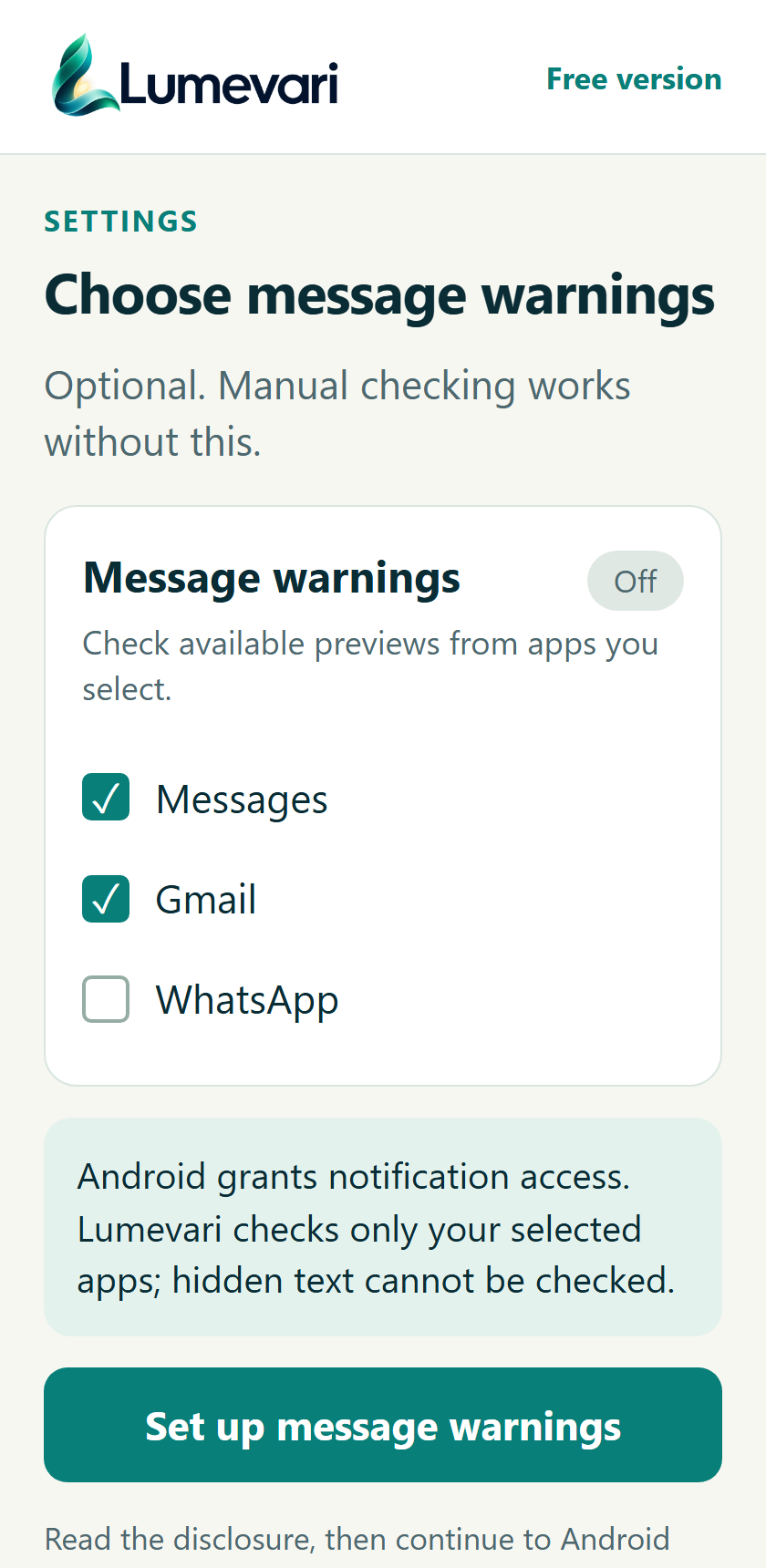 Choose optional notification checks. Proposed screen; invented example.