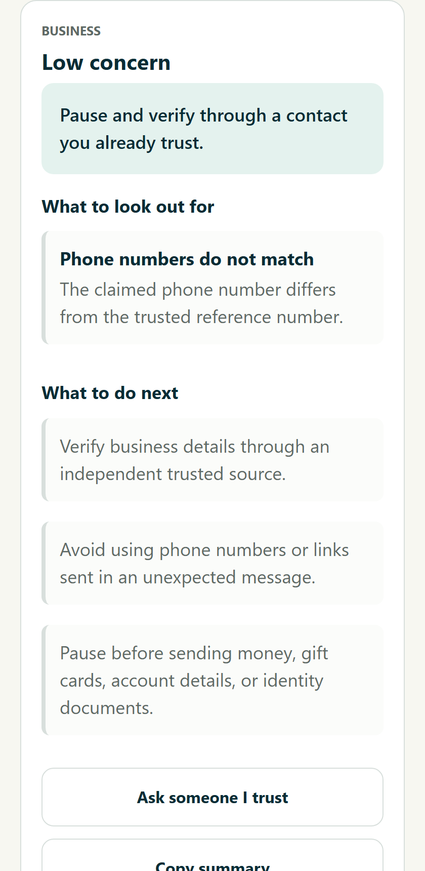Review a mismatch before acting. Rendered review UI; invented example.