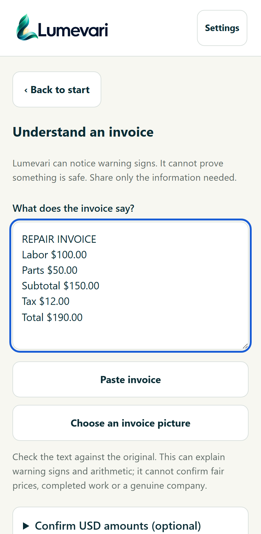 Add the invoice text. Rendered review UI; invented example.