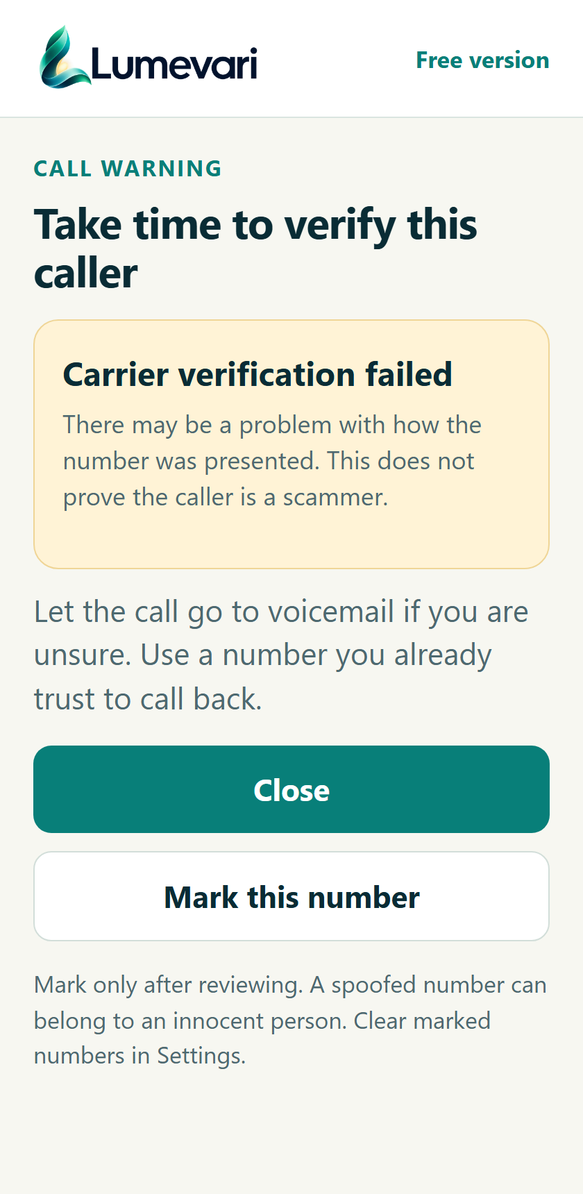 Read the caller warning and next step. Proposed screen; invented example.
