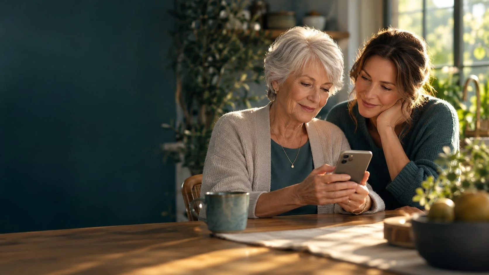 An older woman and an adult family member looking at a phone together. Illustrative image.