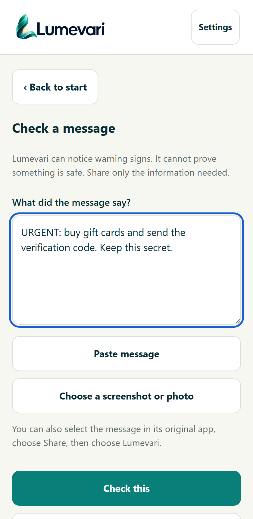 Add text and choose Check this. Rendered review UI; invented example.