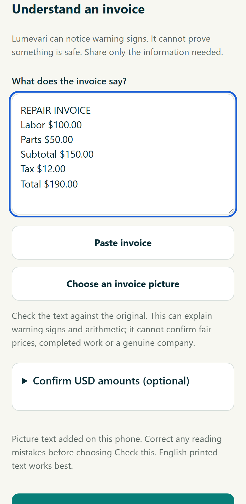 Review and correct the text. Rendered review UI; invented example.