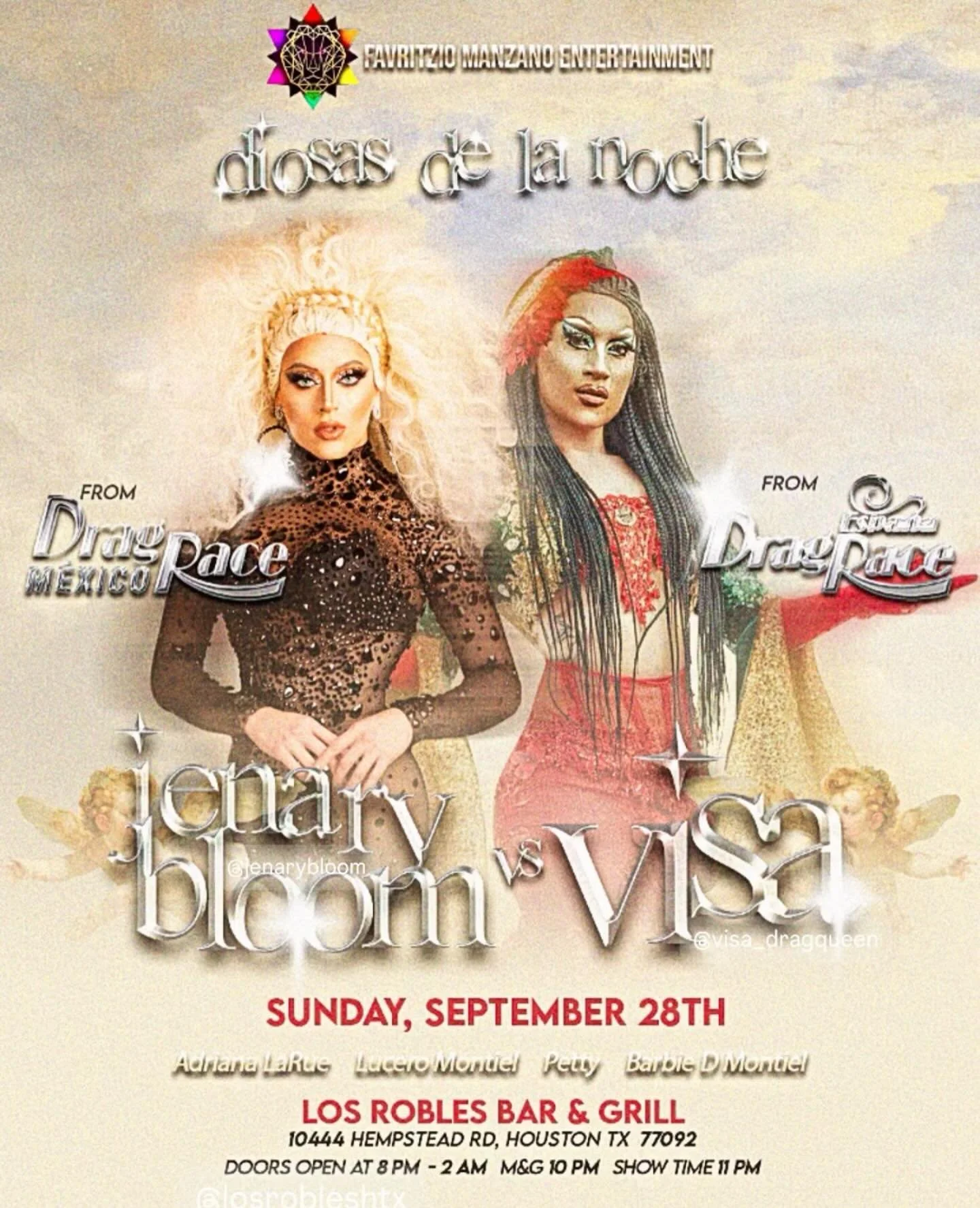✨👑 Diosas de la Noche 👑✨
Houston, it&rsquo;s time! Two Drag Race icons face off in one unforgettable night at Los Robles Bar &amp; Grill.

🔥 Jenary Bloom vs Visa 🔥
📅 Sunday, September 28th
📍 10444 Hempstead Rd, Houston, TX 77092

🎤 With Adrian