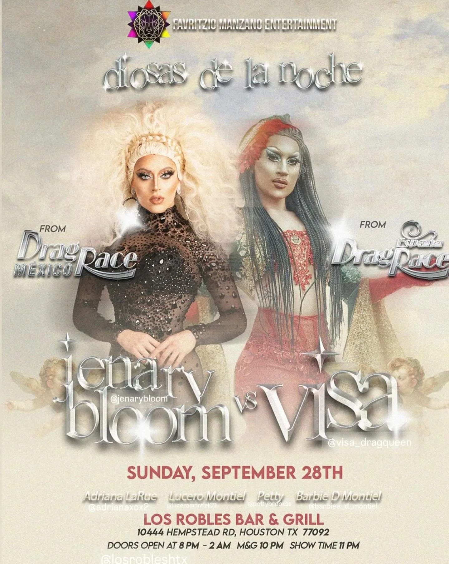 ✨ Diosas de la Noche ✨
The queens from Drag Race M&eacute;xico &amp; Espa&ntilde;a are taking over Los Robles Tonight!🌙
💵 Cash only: $20 entrance | $20 Meet &amp; Greet
⏰ Doors 8PM&ndash;2AM | M&amp;G 10PM | Showtime 11PM