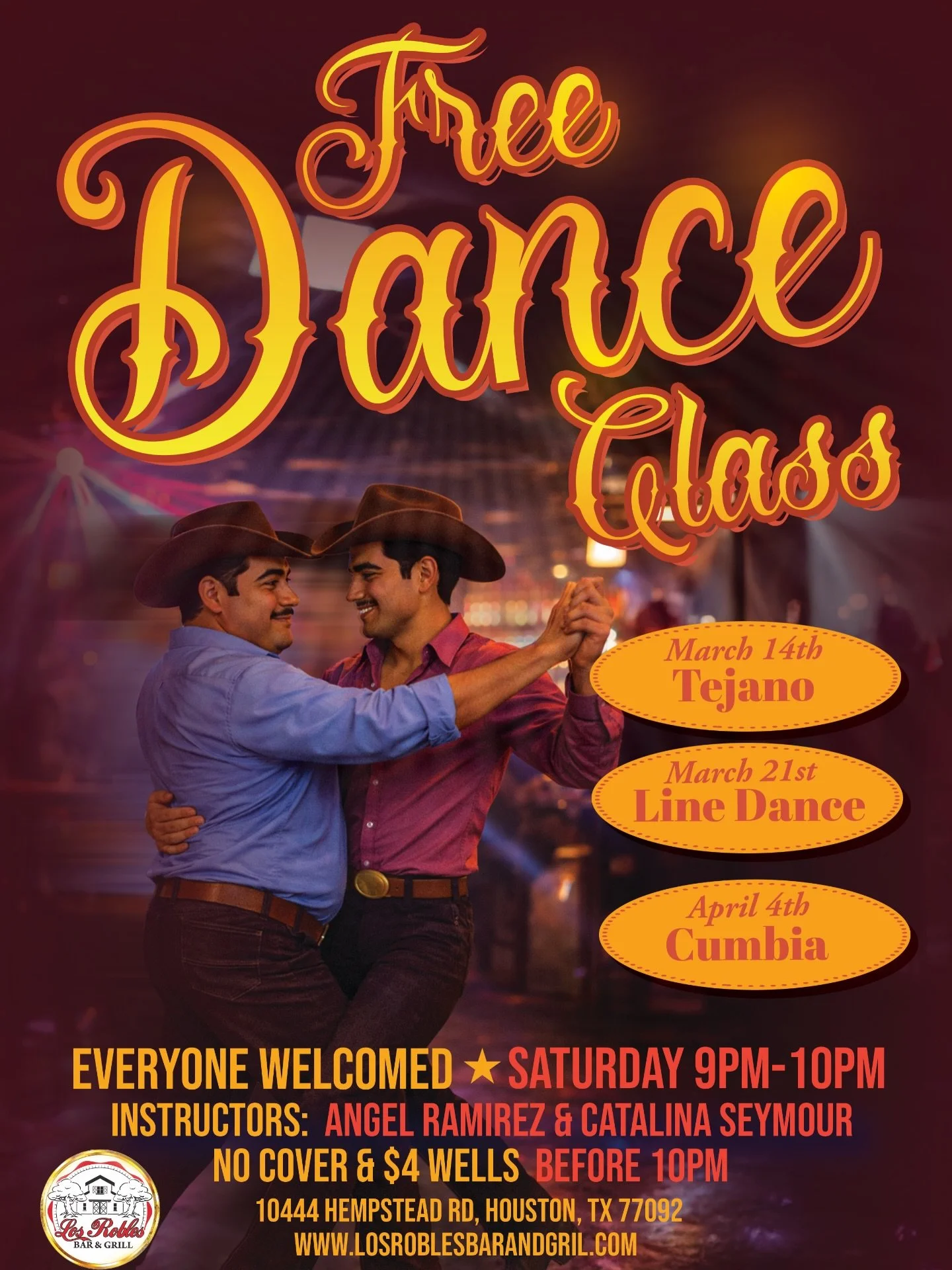 Boots on the floor and partners ready. 🤠💃
Join us for our FREE Dance Class Series at Los Robles every Saturday from 9&ndash;10PM.
Kick it off with Tejano on March 14, followed by Line Dance March 21 and Cumbia April 4.

Come learn some moves, grab 