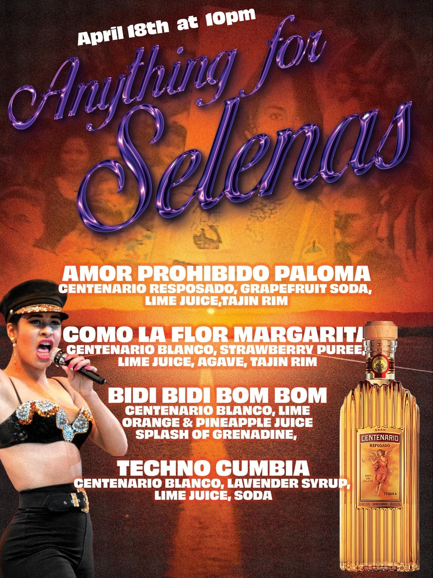 La lluvia no nos para 😏🔥

Cambio de planes pero misma energ&iacute;a
Join us early for our Selena inspired drag show 💜
y despu&eacute;s puro baile toda la noche

Try our Selena drink menu 🍹
sponsored by Centenario

Come early stay late 💃🕺