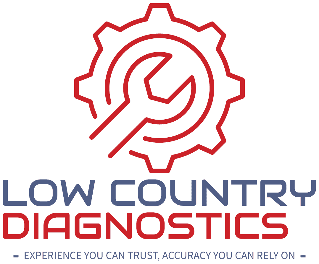 Logo of Low Country Diagnostics featuring a gear and wrench symbol, with the company name and the slogan "Experience you can trust, accuracy you can rely on."