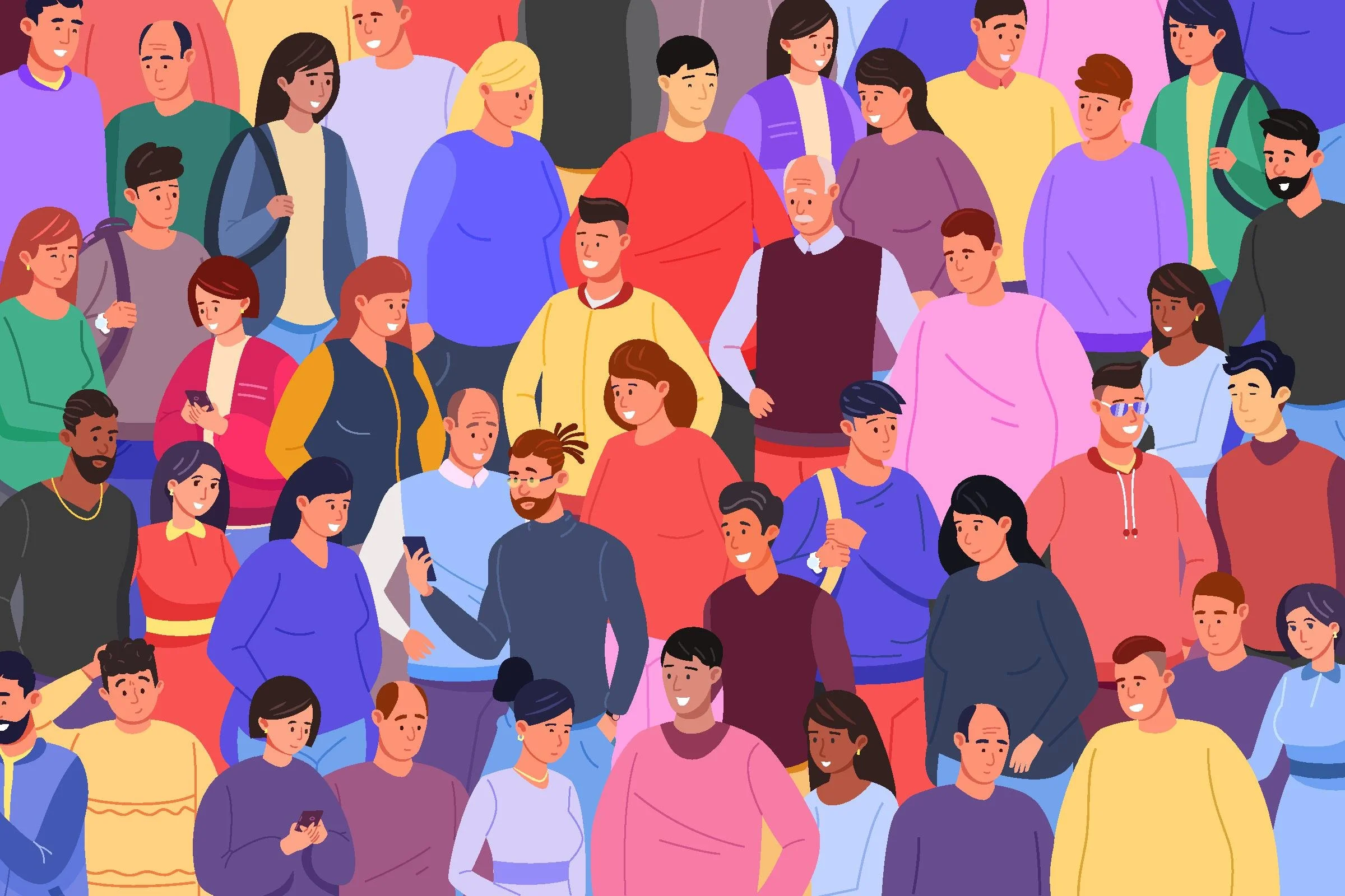 A colorful illustration of a diverse group of people of various ages, ethnicities, and styles standing together and smiling.