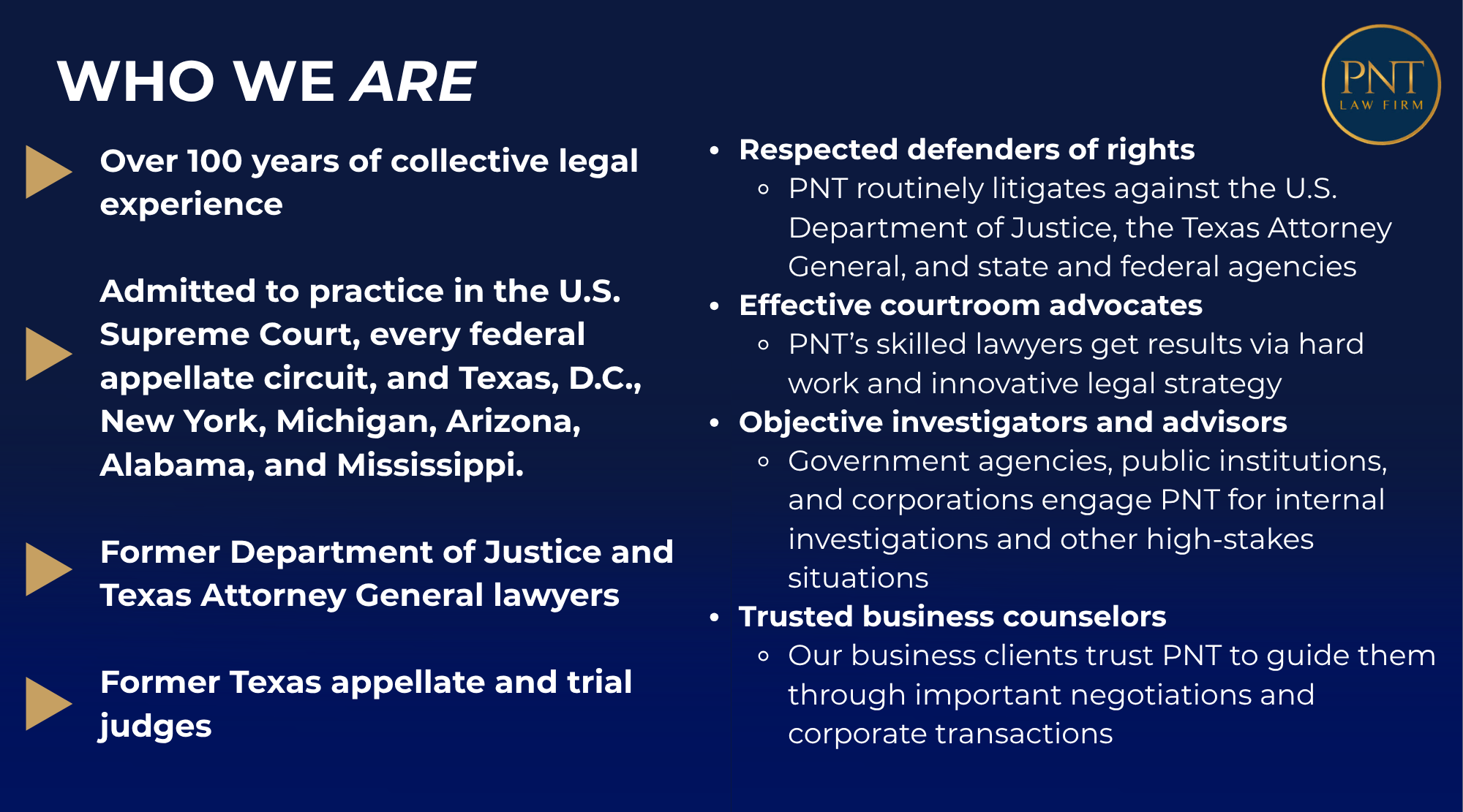A dark blue infographic titled 'Who We Are' with bullet points describing the PNT Law Firm's legal experience, areas of practice, and clients. The firm highlights over 100 years of collective legal experience, admitted to practice in many states, and defends rights for government agencies, public institutions, and corporations.