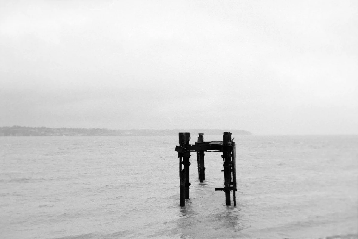 Black and white film photo of Lepe Beach, Hampshire