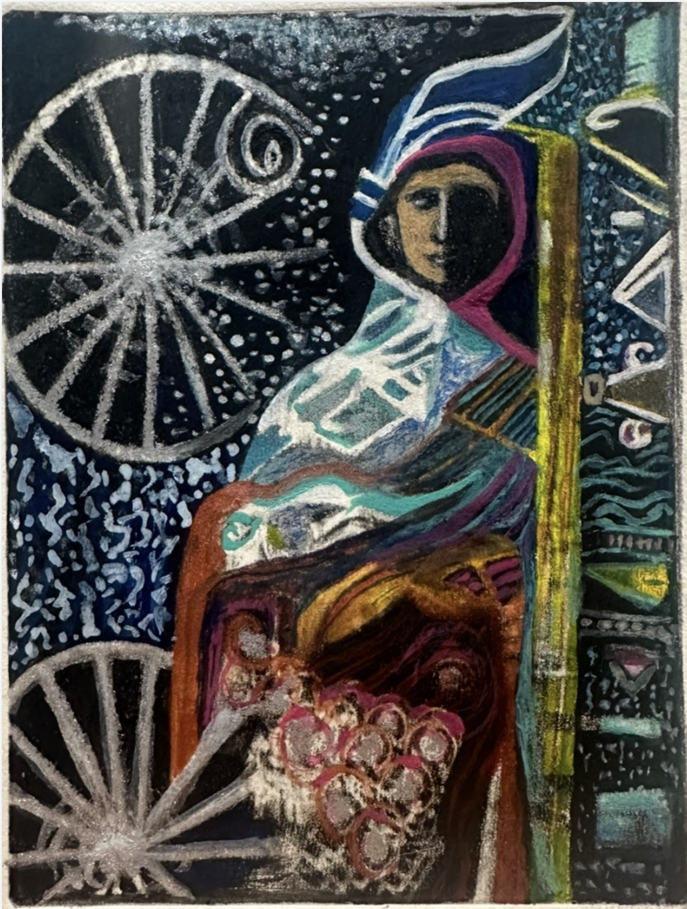 Tracy Arnold Warzer, Transformative Muse I Medium, 9” x 11”, Solar plate print of 2-layered original photographs, hand-painted with oil pastels, watercolor, 2025