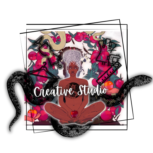 Artwork featuring a woman with white hair sitting in a meditative pose, surrounded by pink flowers and snakes, with the words "Creative Studio" overlaid.