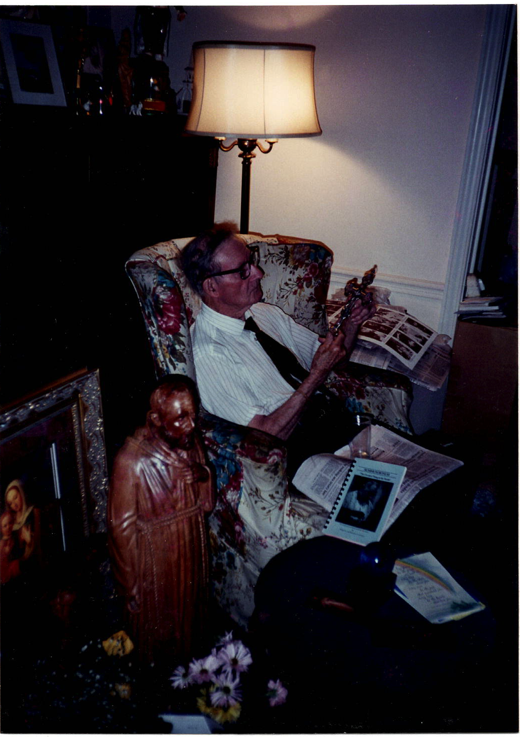 William Carrigan with his loaned statue of Padre Pio from Christendom College (1980s).