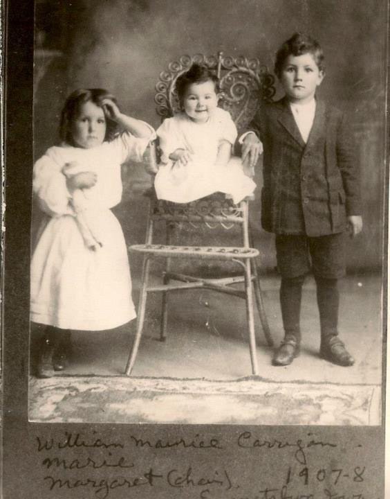 William Carrigan, aged 5, with sisters Loretta Marie and Margaret (1907).