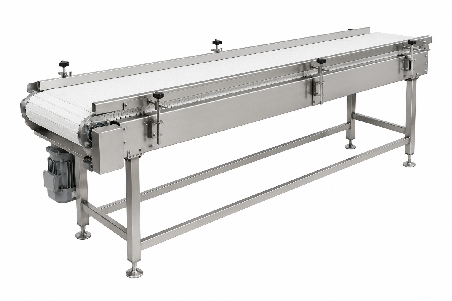 Stainless steel conveyor belt system with motor at one end, used for industrial material handling.