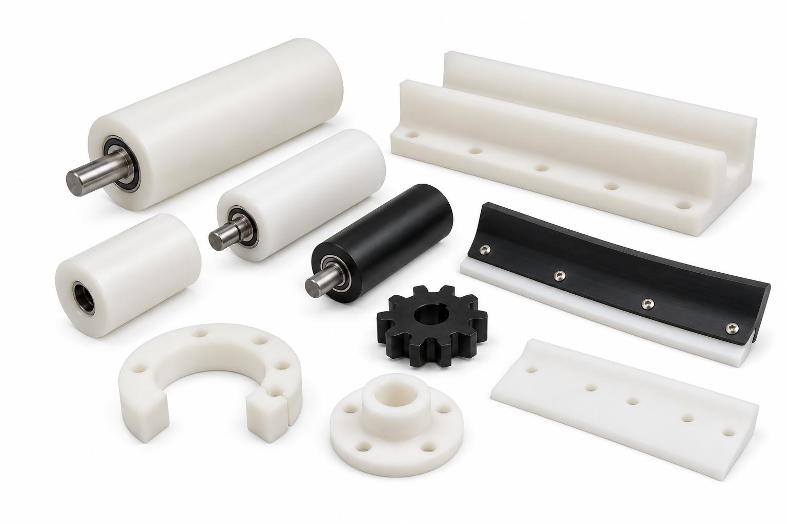 Collection of white and black plastic and metal rollers, gears, brackets, and spacers arranged on a white background.