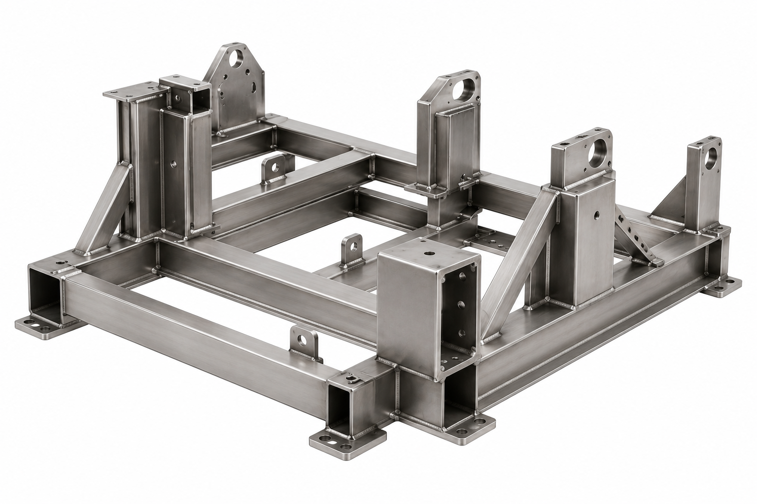 A metal frame structure made of stainless steel with mounting holes and support brackets, likely a component of machinery or equipment.