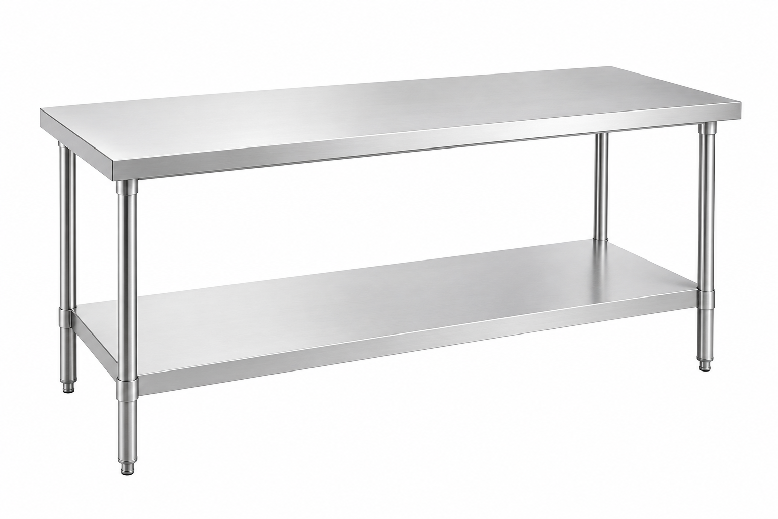 Stainless steel commercial kitchen work table with a flat top and an open lower shelf.