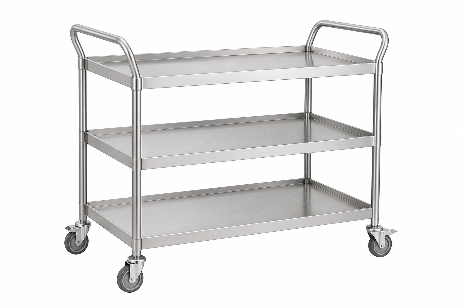 Stainless steel utility cart with three shelves and four caster wheels